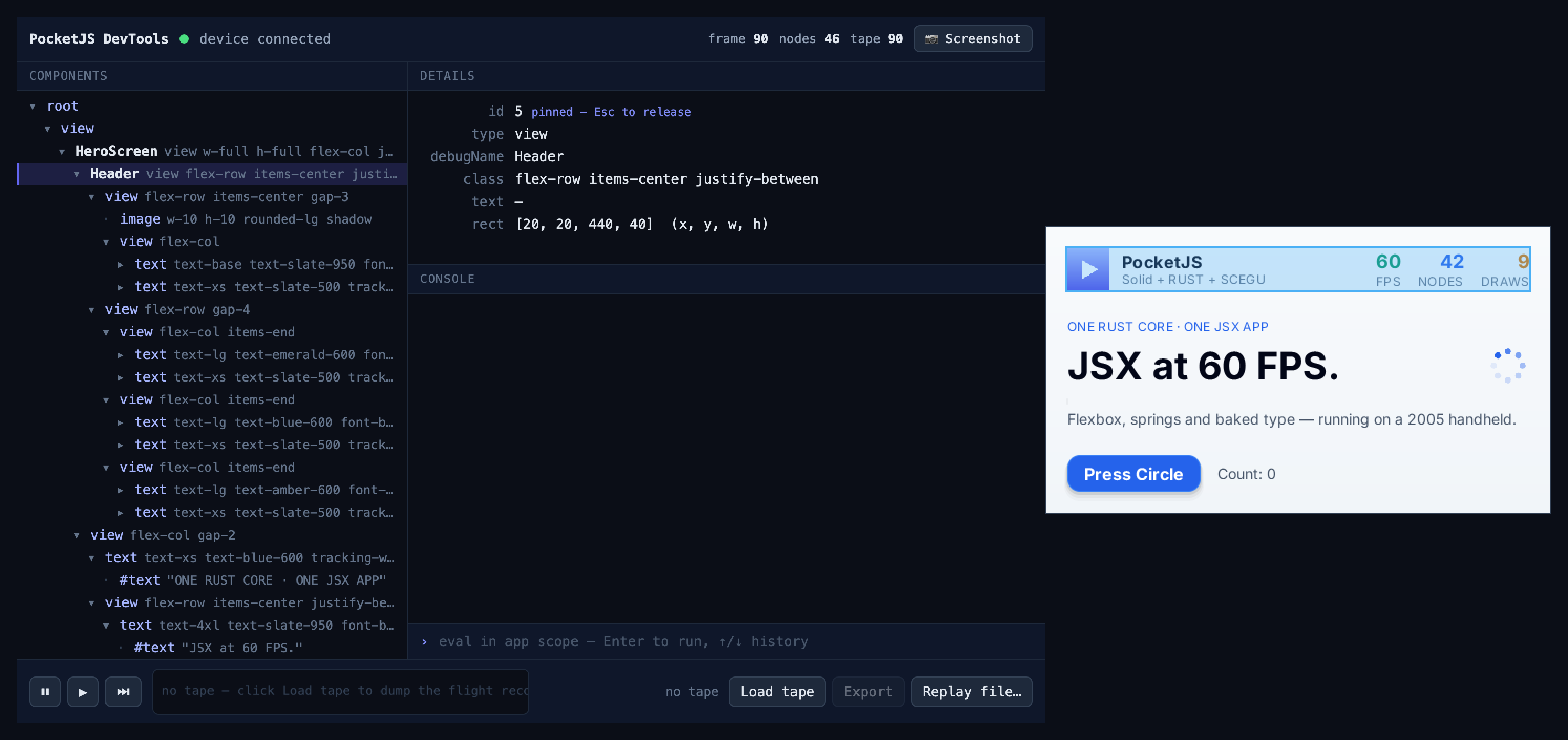 DevTools panel highlighting the same node as the device screen
