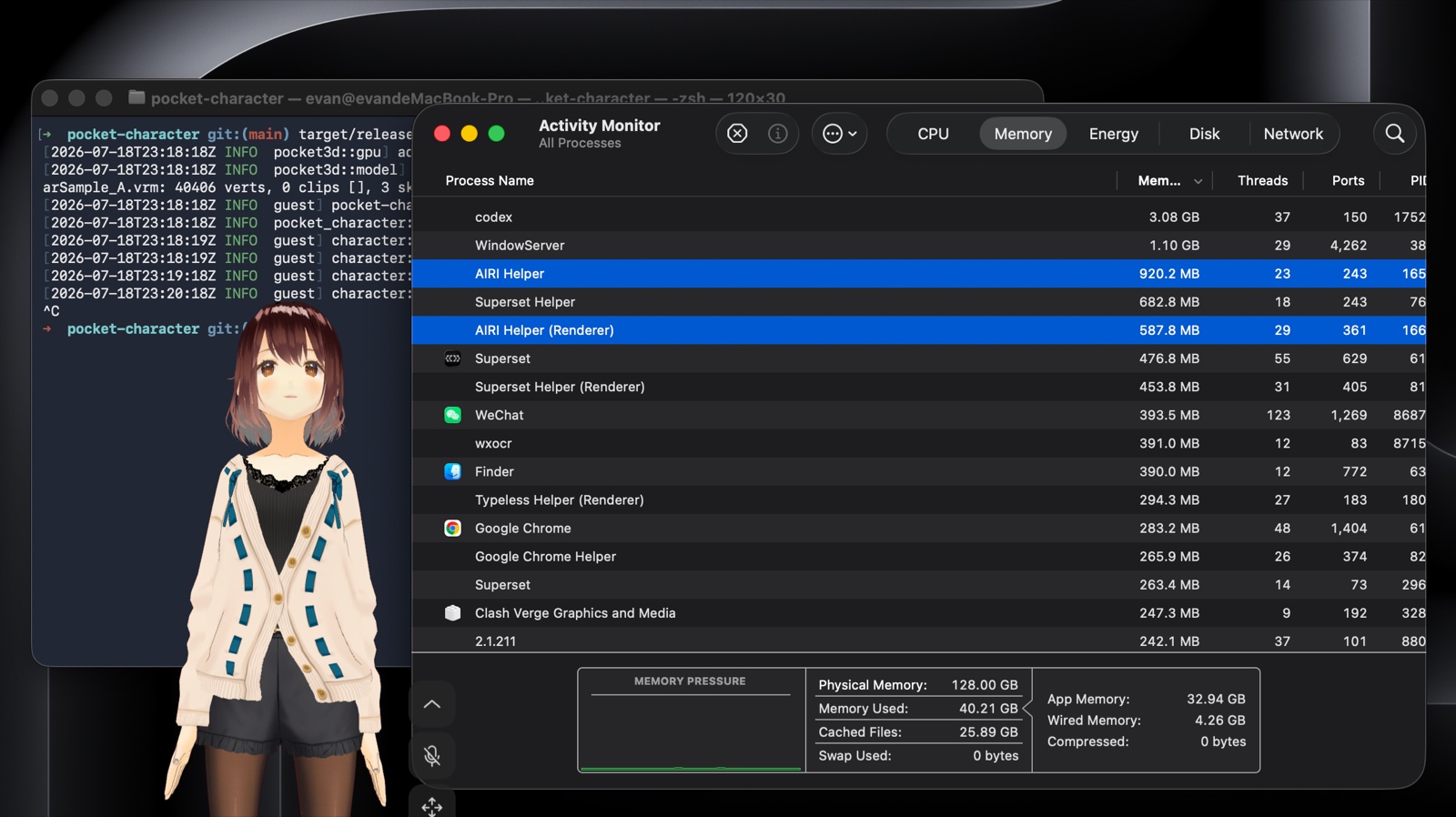 Activity Monitor Memory tab: AIRI Helper at 920.2 megabytes and AIRI Helper Renderer at 587.8 megabytes