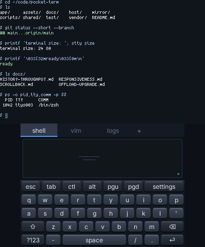 Pocket Term's native 3DS interface in Azahar: an 80-column terminal above session tabs, a touchpad and a keyboard
